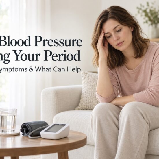 Woman feeling dizzy on a sofa with a blood pressure monitor – low blood pressure during period