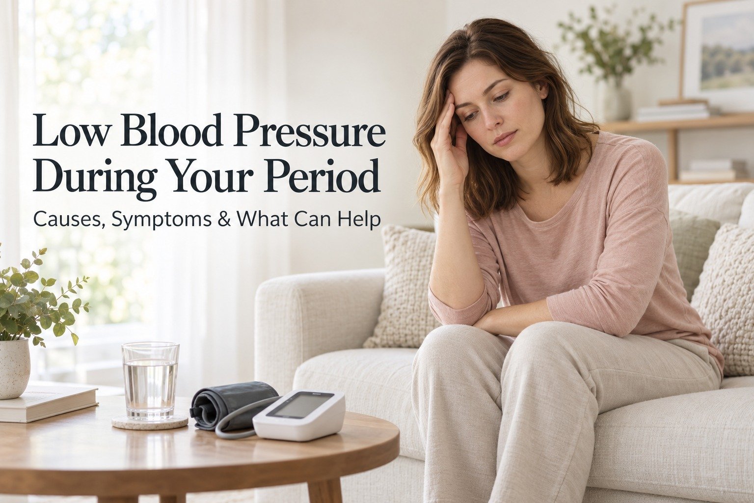 Woman feeling dizzy on a sofa with a blood pressure monitor – low blood pressure during period